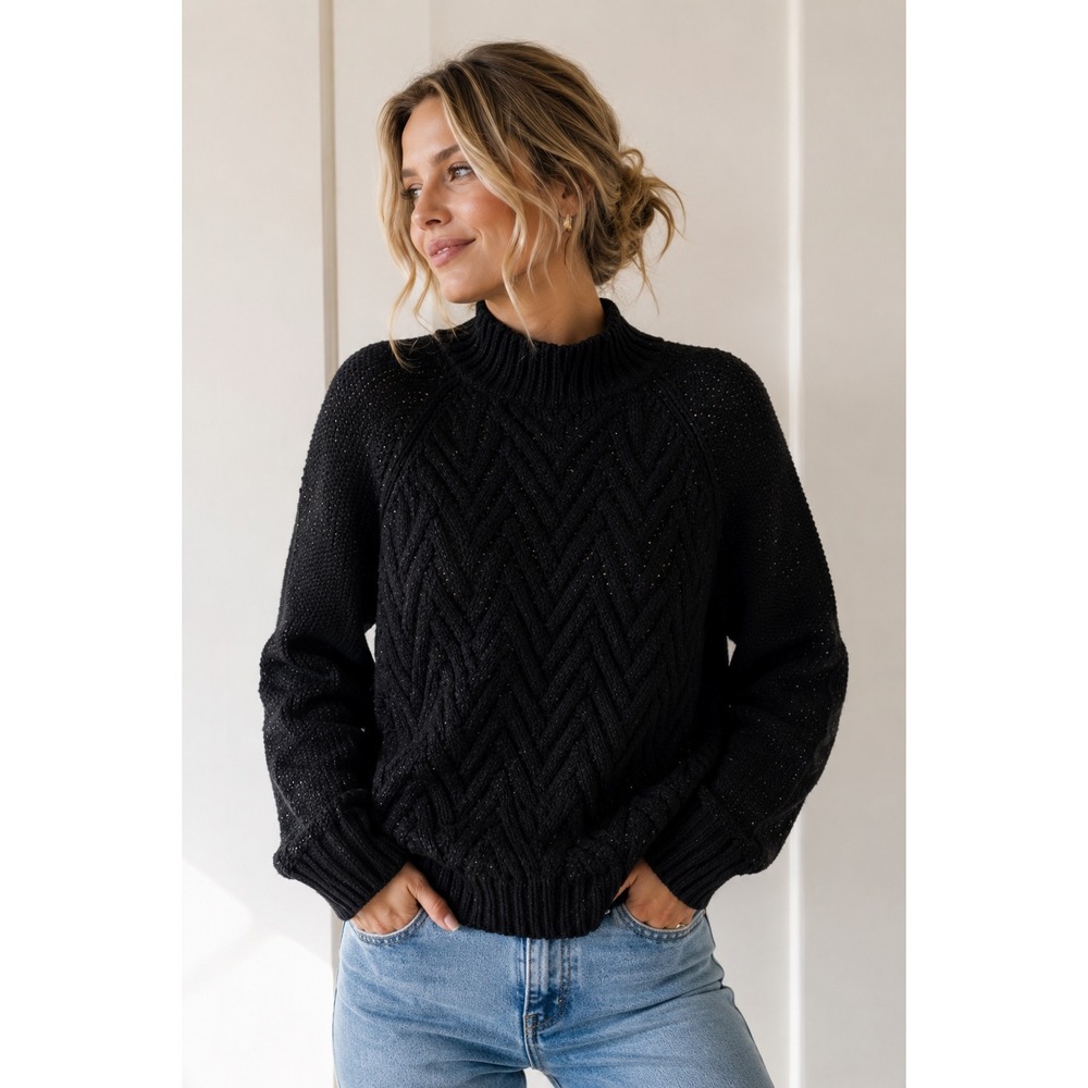 Vintage Chaps Fisherman Sweater Medium Black Chunky Cable Knit‎ Sparkle